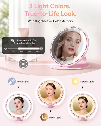 Gospire Foldable Lighted Makeup Mirror with Fan, 3 Speed Cooling Fan, 3 Color Dimmable Lighting, Portable Travel Mirror with Adjustable Stand, Rechargeable LED Vanity Mirror for Bedroom Tabletop, Pink in Saudi Arabia