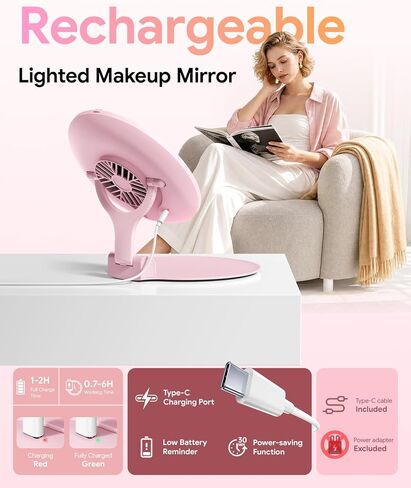 Gospire Foldable Lighted Makeup Mirror with Fan, 3 Speed Cooling Fan, 3 Color Dimmable Lighting, Portable Travel Mirror with Adjustable Stand, Rechargeable LED Vanity Mirror for Bedroom Tabletop, Pink in Saudi Arabia