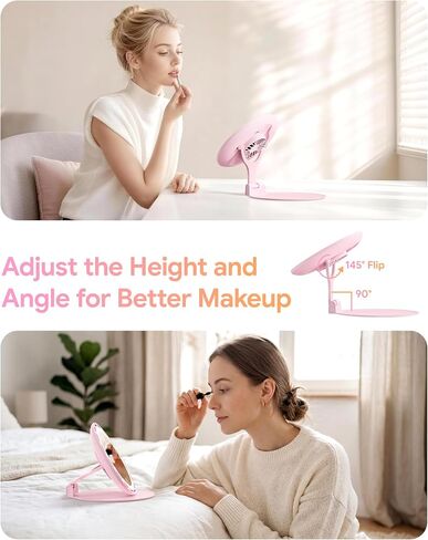 Gospire Foldable Lighted Makeup Mirror with Fan, 3 Speed Cooling Fan, 3 Color Dimmable Lighting, Portable Travel Mirror with Adjustable Stand, Rechargeable LED Vanity Mirror for Bedroom Tabletop, Pink in Saudi Arabia