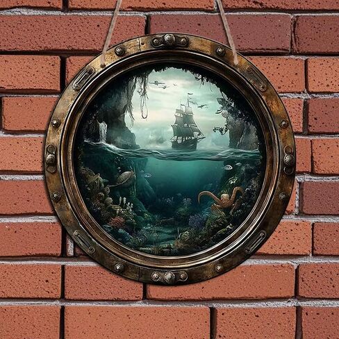 2D Flat, Nautical Porthole Sign Aluminium Hanging Ornaments – Detailed Ocean Scene with Sailboat and Underwater Life – Rustic Wall Decor for Beach House, Nursery or As A Maritime Gift in Kuwait
