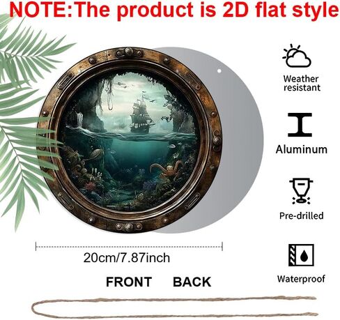 2D Flat, Nautical Porthole Sign Aluminium Hanging Ornaments – Detailed Ocean Scene with Sailboat and Underwater Life – Rustic Wall Decor for Beach House, Nursery or As A Maritime Gift in Kuwait