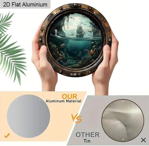 2D Flat, Nautical Porthole Sign Aluminium Hanging Ornaments – Detailed Ocean Scene with Sailboat and Underwater Life – Rustic Wall Decor for Beach House, Nursery or As A Maritime Gift in Kuwait