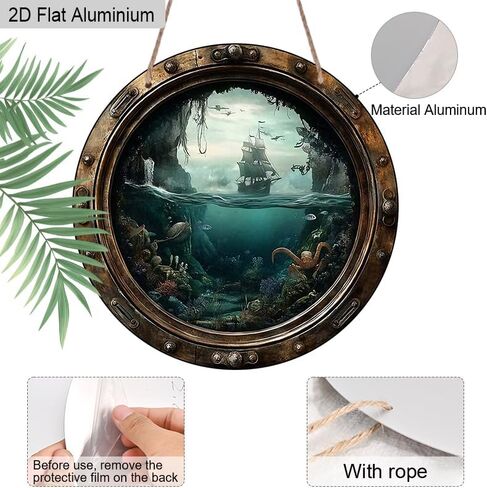 2D Flat, Nautical Porthole Sign Aluminium Hanging Ornaments – Detailed Ocean Scene with Sailboat and Underwater Life – Rustic Wall Decor for Beach House, Nursery or As A Maritime Gift in Kuwait