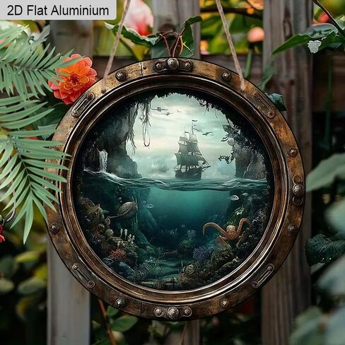 2D Flat, Nautical Porthole Sign Aluminium Hanging Ornaments – Detailed Ocean Scene with Sailboat and Underwater Life – Rustic Wall Decor for Beach House, Nursery or As A Maritime Gift in Kuwait
