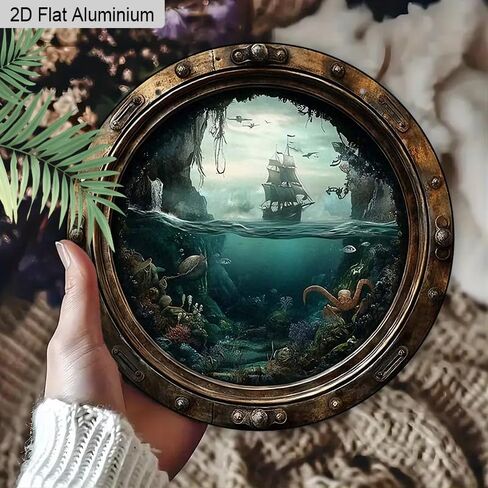 2D Flat, Nautical Porthole Sign Aluminium Hanging Ornaments – Detailed Ocean Scene with Sailboat and Underwater Life – Rustic Wall Decor for Beach House, Nursery or As A Maritime Gift in Kuwait