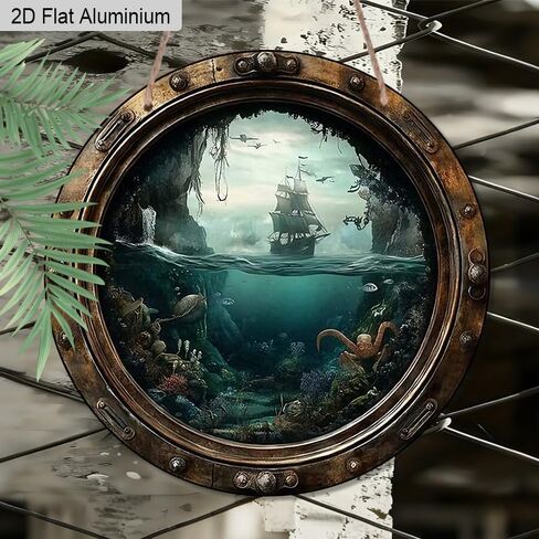 2D Flat, Nautical Porthole Sign Aluminium Hanging Ornaments – Detailed Ocean Scene with Sailboat and Underwater Life – Rustic Wall Decor for Beach House, Nursery or As A Maritime Gift in Kuwait