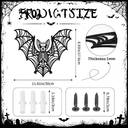 Frienda Gothic Wall Decoration Bat Skeleton 12x7 Inch Black Metal Halloween Gothic Art for Wall Halloween Horror Bat Skeleton Skull Hanging Decoration for Bedroom Living Room Bathroom Office Home in Kuwait