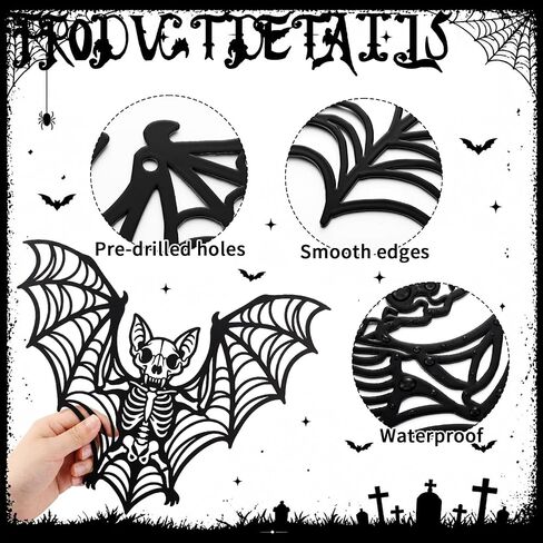 Frienda Gothic Wall Decoration Bat Skeleton 12x7 Inch Black Metal Halloween Gothic Art for Wall Halloween Horror Bat Skeleton Skull Hanging Decoration for Bedroom Living Room Bathroom Office Home in Kuwait