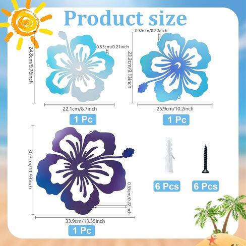 GLASSWINDS 3Pcs Metal Hibiscus Flower Wall Art Hawaiian decor, Rustic Tropical Floral Wall Decor Hibiscus Decor, Tropical Plant Plaque, Floral Wall Decoration for Home Office Bedroom Living Room in Saudi Arabia