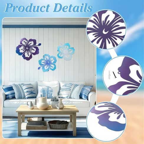 GLASSWINDS 3Pcs Metal Hibiscus Flower Wall Art Hawaiian decor, Rustic Tropical Floral Wall Decor Hibiscus Decor, Tropical Plant Plaque, Floral Wall Decoration for Home Office Bedroom Living Room in Saudi Arabia