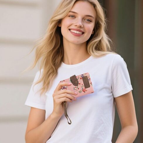 Cute Wallet, Women's Wallets with Detachable Wrist Strap, 11 Card Slot Small Wallets Woman Portable Travel Wallet with 2 Zipper Coin Pocket for Ladies (flower, Pink) in Saudi Arabia