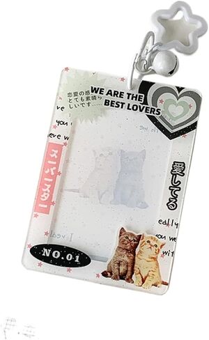 Sparkly Acrylic Card Sleeve Keychain, Transparent Photocard Holder with Star Buckle & Bell for Functional Bag Charm in Saudi Arabia