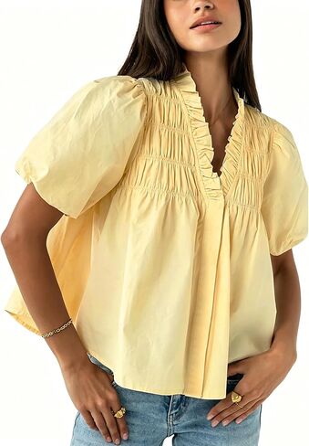 Womens Smocked Babydoll Peplum Top Puff Sleeve V Neck Blouse Dressy Casual Pleated Loose Fit Shirts in Saudi Arabia