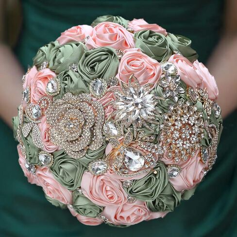 Ribbon Rose Diamond Eternal Bouquet for The Bride's Bridesmaid, Forest Sage Magnificent Handcrafted Brooch Bouquet for The Wedding Church Gathering in Kuwait