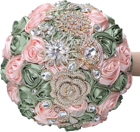 Ribbon Rose Diamond Eternal Bouquet for The Bride's Bridesmaid, Forest Sage Magnificent Handcrafted Brooch Bouquet for The Wedding Church Gathering in Kuwait
