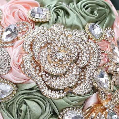 Ribbon Rose Diamond Eternal Bouquet for The Bride's Bridesmaid, Forest Sage Magnificent Handcrafted Brooch Bouquet for The Wedding Church Gathering in Kuwait