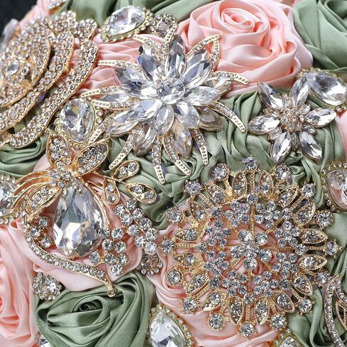 Ribbon Rose Diamond Eternal Bouquet for The Bride's Bridesmaid, Forest Sage Magnificent Handcrafted Brooch Bouquet for The Wedding Church Gathering in Kuwait
