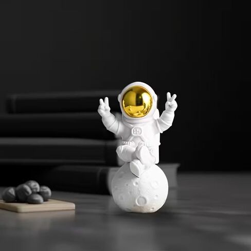 1pcs Modern Astronaut Figurine with Marble Base, Space-Themed Desk Decor, Perfect for Home or Office, Unique Birthday Gift Idea, Space Room Decor - Gold, White Base in Kuwait