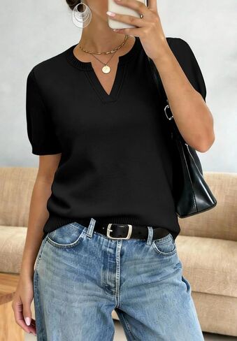 WIHOLL Short Sleeve Sweater Tops 2026 Spring Summer Trendy Knit Business Casual Essential V Neck Sweaters in Kuwait