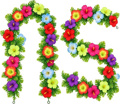 2 Pcs Tropical Hibiscus Flower Garland, 7 FT Artificial Monstera Ivy Leaf Vines Ivy Palm Leaf Hibiscus Flowers Hanging Plants, Summer Silk Luau Vine for Home Garden Porch Party Beach Hawaiian Decor in Saudi Arabia