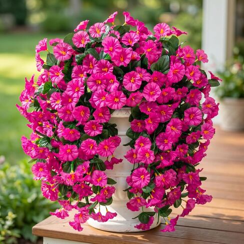 Ouddy Decor 3 Pcs Artificial Hanging Flowers for Outdoors, Fake Silk Hanging Plants Faux Morning Glory UV Resistant for Outdoor Indoor Garden Planter Porch Patio Yard Balcony Home Decor, Fuchsia in Saudi Arabia