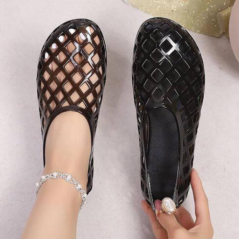 Women's Jelly Ballet Flats, Clear Mesh Hollow Out Flat Sandals, Round Toe Slip On Ballerina Flat Shoes, Lightweight Non-Slip Casual Shoes for Beach Vacation Daily Work Shopping, Black in Kuwait