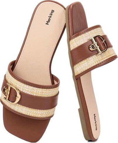 Merking Flat Sandals for Women Raffia Elegant Summer Slides Sandal Trendy Square Toe Slip On Slippers for Casual Vacation in Saudi Arabia