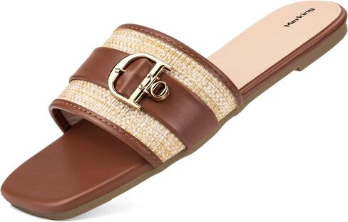 Merking Flat Sandals for Women Raffia Elegant Summer Slides Sandal Trendy Square Toe Slip On Slippers for Casual Vacation in Kuwait