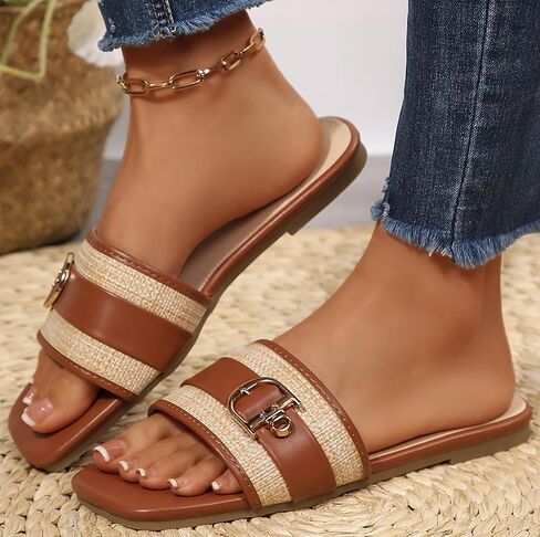 Merking Flat Sandals for Women Raffia Elegant Summer Slides Sandal Trendy Square Toe Slip On Slippers for Casual Vacation in Kuwait