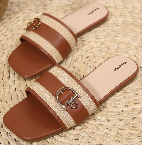 Merking Flat Sandals for Women Raffia Elegant Summer Slides Sandal Trendy Square Toe Slip On Slippers for Casual Vacation in Kuwait