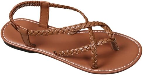 Women's Large Size Braided Strappy Flat Sandals, Crisscross Toe Ring Sandals with Elastic Ankle Strap for Summer Beach in Saudi Arabia