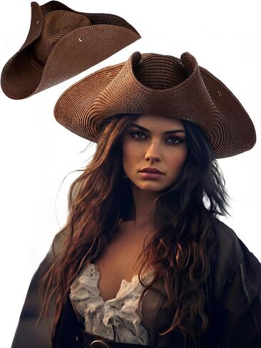 Straw Tricorn Pirate Hat for Women Cool Colonial America Tricorn Broad Brim Hat with button for Renaissance Pirate in Kuwait