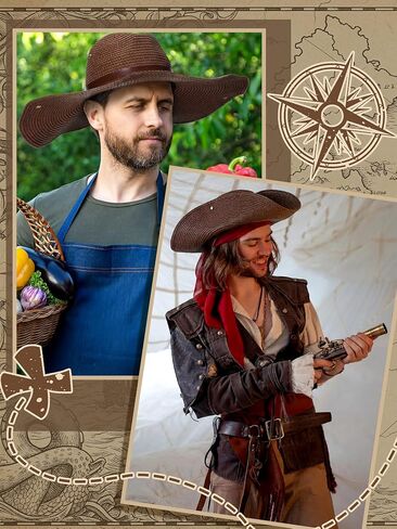 Straw Tricorn Pirate Hat for Women Cool Colonial America Tricorn Broad Brim Hat with button for Renaissance Pirate in Kuwait