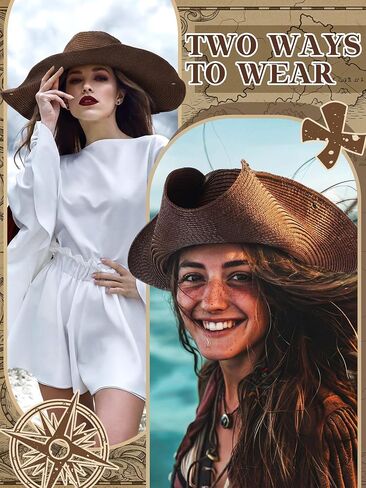 Straw Tricorn Pirate Hat for Women Cool Colonial America Tricorn Broad Brim Hat with button for Renaissance Pirate in Kuwait