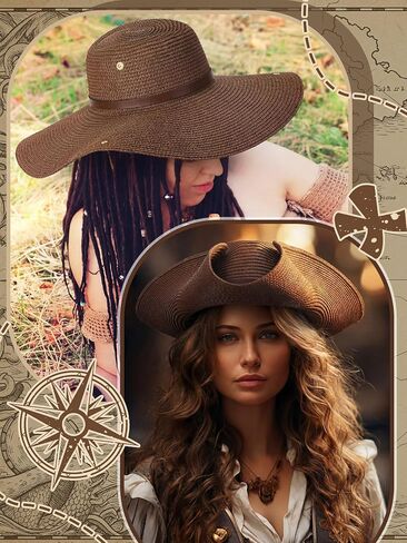 Straw Tricorn Pirate Hat for Women Cool Colonial America Tricorn Broad Brim Hat with button for Renaissance Pirate in Kuwait