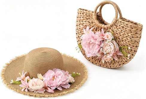 JenPen 2 Pcs Women Beach Sun Hat Floral Straw Bag and Hat Set Boho Rattan Bag for Women Tea Party Bridal Shower Victorian in Kuwait