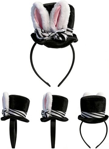 Easter Bunny Ear Mini Top Hat Headband with Zebra Print Bow, Rabbit Ears Hairband with Devil Horns for Cosplay Costume Party in Saudi Arabia