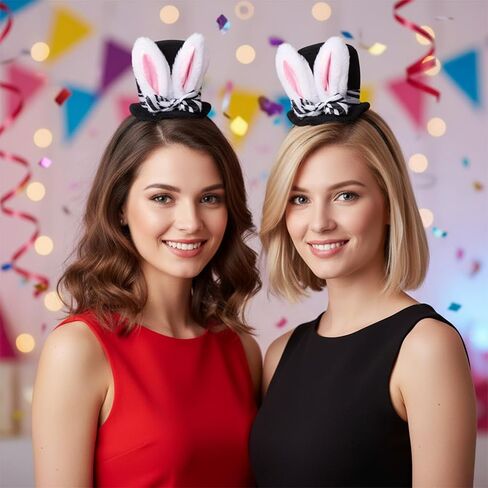Easter Bunny Ear Mini Top Hat Headband with Zebra Print Bow, Rabbit Ears Hairband with Devil Horns for Cosplay Costume Party in Saudi Arabia