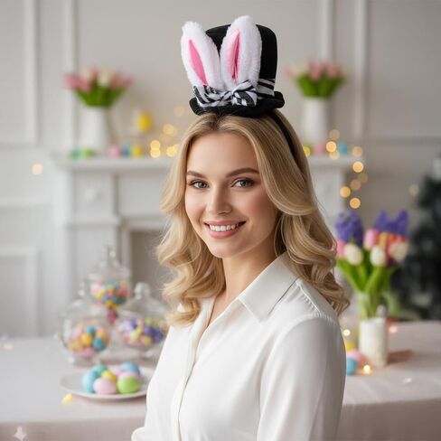 Easter Bunny Ear Mini Top Hat Headband with Zebra Print Bow, Rabbit Ears Hairband with Devil Horns for Cosplay Costume Party in Saudi Arabia
