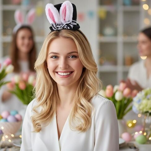 Easter Bunny Ear Mini Top Hat Headband with Zebra Print Bow, Rabbit Ears Hairband with Devil Horns for Cosplay Costume Party in Saudi Arabia