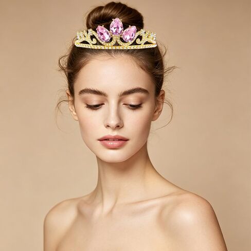 Princess Tiara Crown for Girls and Women, Gold Crystal Tiara with Pink Rhinestones, Ideal for Birthday, Dress Up, Cosplay, Party, Wedding, Gifts and Costume Accessories in Saudi Arabia
