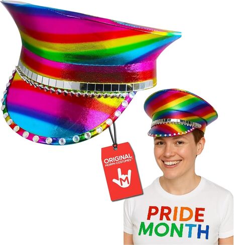 Nicky Bigs Novelties Morph Rainbow Festival Hat Holographic Multi-Color Captain’s Jeweled Hat Unisex Pride Parade Rave Bachelorette Halloween Costume Accessory in Kuwait