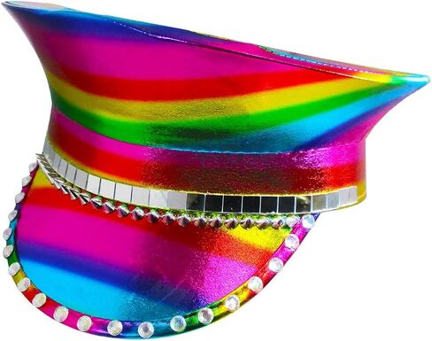 Nicky Bigs Novelties Morph Rainbow Festival Hat Holographic Multi-Color Captain’s Jeweled Hat Unisex Pride Parade Rave Bachelorette Halloween Costume Accessory in Kuwait