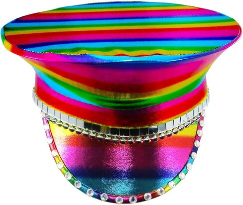 Nicky Bigs Novelties Morph Rainbow Festival Hat Holographic Multi-Color Captain’s Jeweled Hat Unisex Pride Parade Rave Bachelorette Halloween Costume Accessory in Kuwait