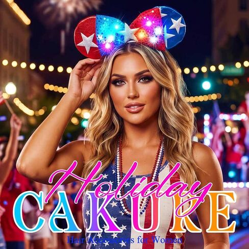 عصابات رأس CAKURE في الرابع من يوليو تضيء آذان الفأر وعصابة رأس بفيونكة ترتر وعيد الاستقلال وإكسسوارات شعر للنساء (أزرق وأحمر، مقاس واحد) in Kuwait