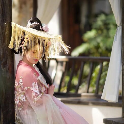 Foldable Imitation Bamboo Hat with Golden Veil Chinese Ancient Knight Hanfu Dress Accessories Swordsman Cosplay Hat for Men Women in Saudi Arabia