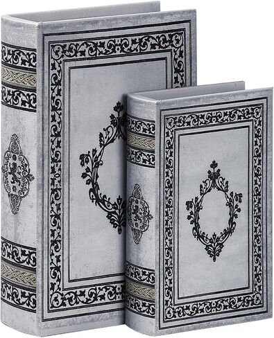Decorative Wooden Book Box Set of 2 - Vintage Faux Book Boxes for Home Decor, Secret Storage with Magnetic Closure, Antique Style, Grey Leather Cover Design, Perfect for Home Office Bookshelf in Saudi Arabia