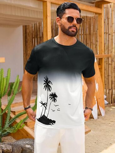 Runcati Mens Short Sleeve T-Shirts Casual Graphic Gradient Printed Tee Crewneck Summer Beach Hawaiian Vintage Shirts in Kuwait