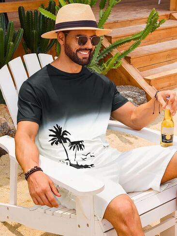 Runcati Mens Short Sleeve T-Shirts Casual Graphic Gradient Printed Tee Crewneck Summer Beach Hawaiian Vintage Shirts in Kuwait