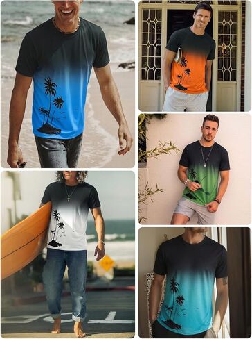 Runcati Mens Short Sleeve T-Shirts Casual Graphic Gradient Printed Tee Crewneck Summer Beach Hawaiian Vintage Shirts in Kuwait